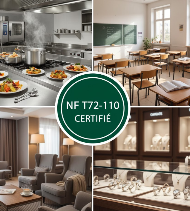 Quatre images illustrant l'application de la vapeur sèche professionnelle dans différents secteurs : une cuisine de restaurant, une salle de classe d'école, un hall d'hôtel et une vitrine de bijouterie, avec le logo "NF T72-110 CERTIFIÉ" au centre.