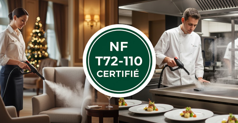 Image divisée montrant une femme de chambre utilisant un nettoyeur vapeur sèche dans le lobby d'un hôtel décoré pour les fêtes, et un chef cuisinier désinfectant une plaque de cuisson dans une cuisine de restaurant, avec le logo "NF T72-110 CERTIFIÉ" au centre.