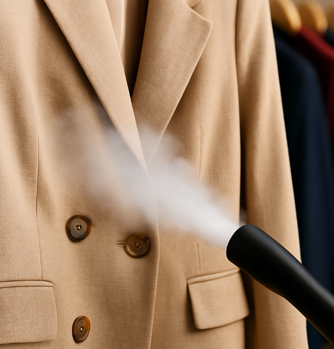 Vapeur sèche appliquée sur des vêtements en boutique pour une désinfection certifiée NF T72-110 — XrVAP PRO.