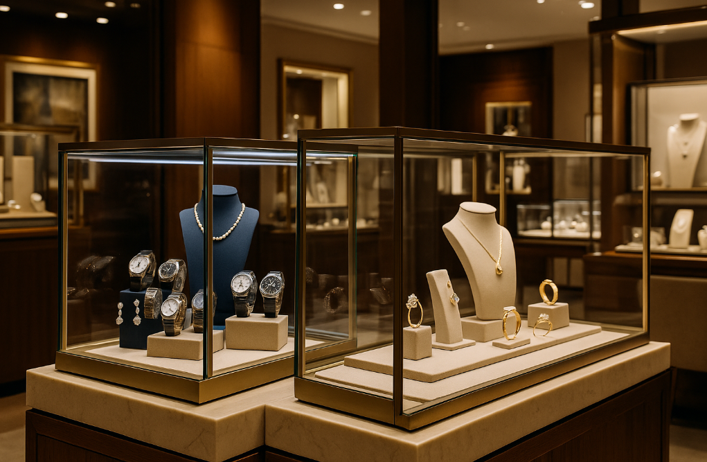 Vitrines de bijouterie et horlogerie présentant des montres et bijoux haut de gamme, environnement propre et soigné.