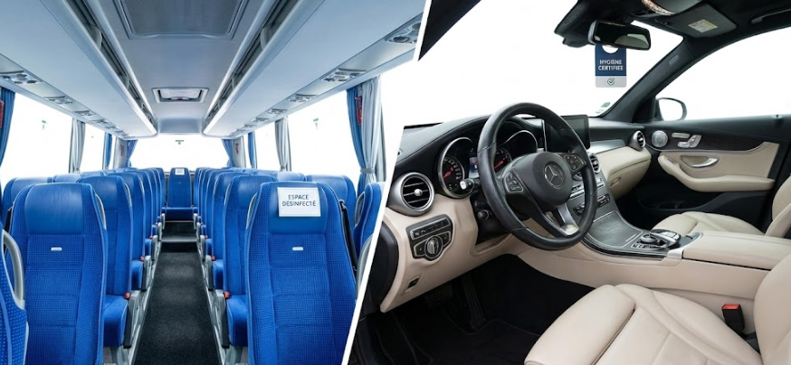 Illustration d'un intérieur de bus et de taxi parfaitement propres et désinfectés à la vapeur sèche certifiée NF T72-110.