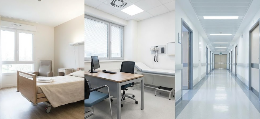 Illustration de lieux de santé (cabinet médical, couloir d'hôpital et EHPAD) parfaitement désinfectés à la vapeur sèche certifiée NF T72-110.