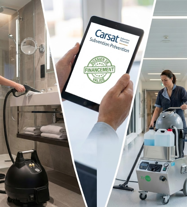 Comparatif des nettoyeurs vapeur XrVAP OVALO et XrVAP 7500 en utilisation, illustrant le matériel de bionettoyage éligible aux subventions CARSAT pour la prévention des TMS.