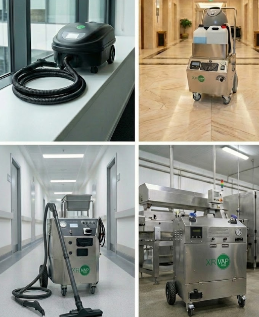 Collage présentant la gamme de nettoyeurs vapeur XrVAP PRO en situation réelle : modèle portable en bureaux, machine hybride en hall d'hôtel, bio-nettoyage en milieu hospitalier et unité industrielle en usine agroalimentaire.